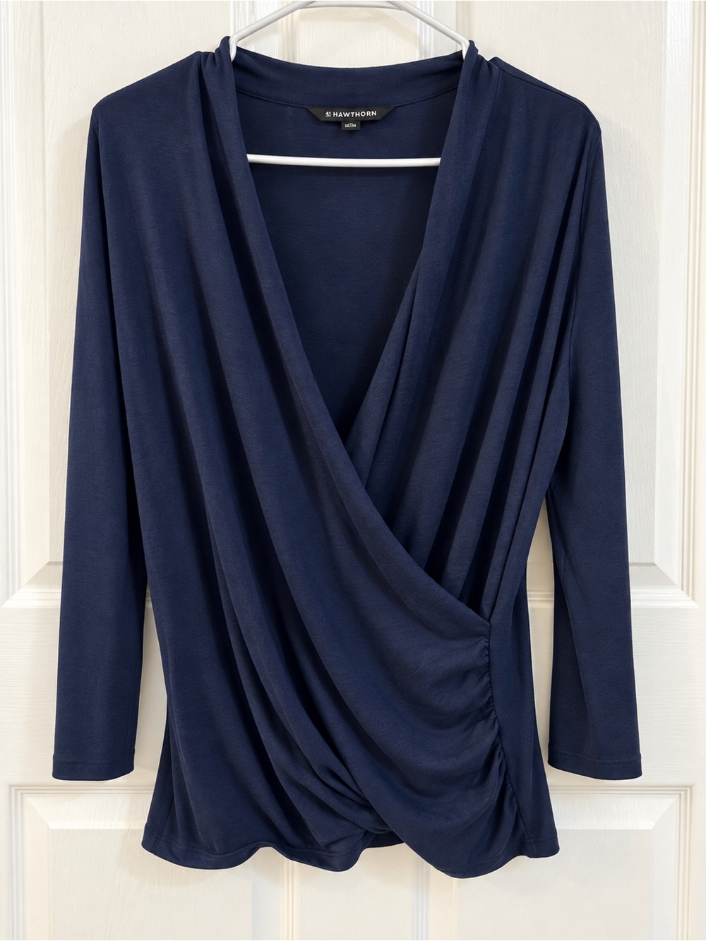 41 Hawthorn XL Navy Draped Wrap Front Long Sleeve Top
